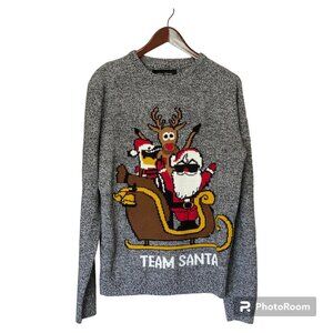 Allen Oliver Gray Black Team Santa Ugly Christmas Sweater Men's L Rudolf Sleigh